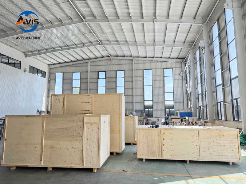Fruit and vegetable processing equipment packed in wooden cases for export